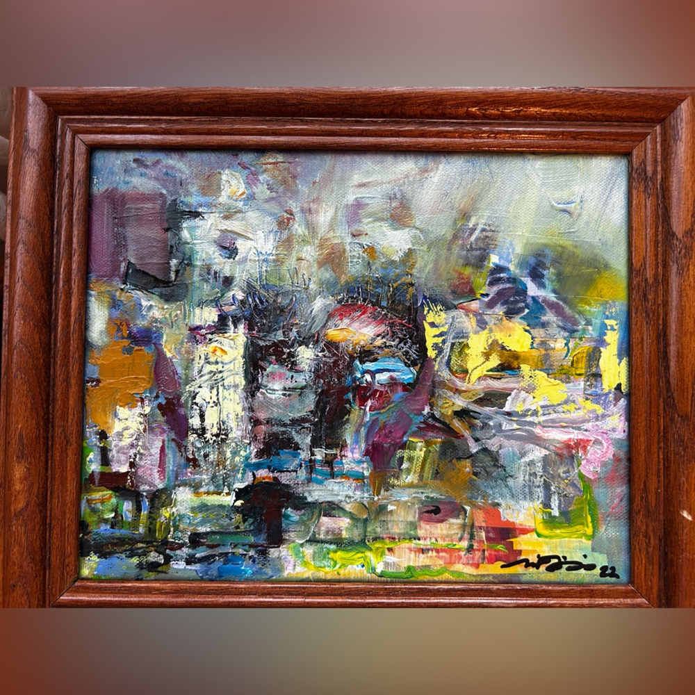 Original abstract oil painting “ city line” 8x10” OOAK framed in hearty wood